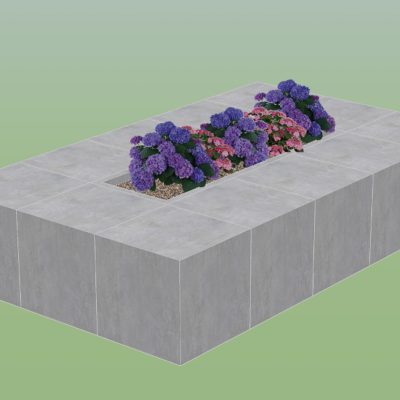 Betoonist kuubikutega ümbritsetud taimekonteiner.