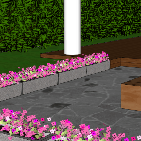 Betoonvaasis mõõduga 700*210*165mm on roosade õitega taimed.