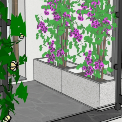 Lillade õitega ronitaimed betoonist vaasis mõõtudega 650*310*310.