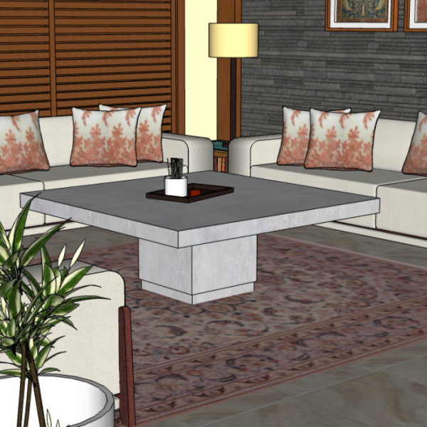 Betoonist kuubik sokliga, mida kasutatakse elutoas diivanilaua alusjalana, lisades kaasaegset ja industriaalset stiili sisustusele.