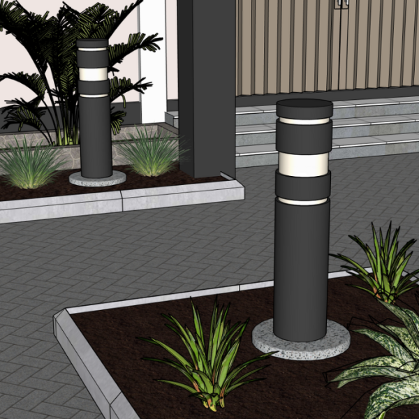 Hoovis on kahel pool teed peenrad. Nendes on minimalistliku stiiliga aiavalgustid, mis on ümarate aivalgusti betoonist aluste peal.